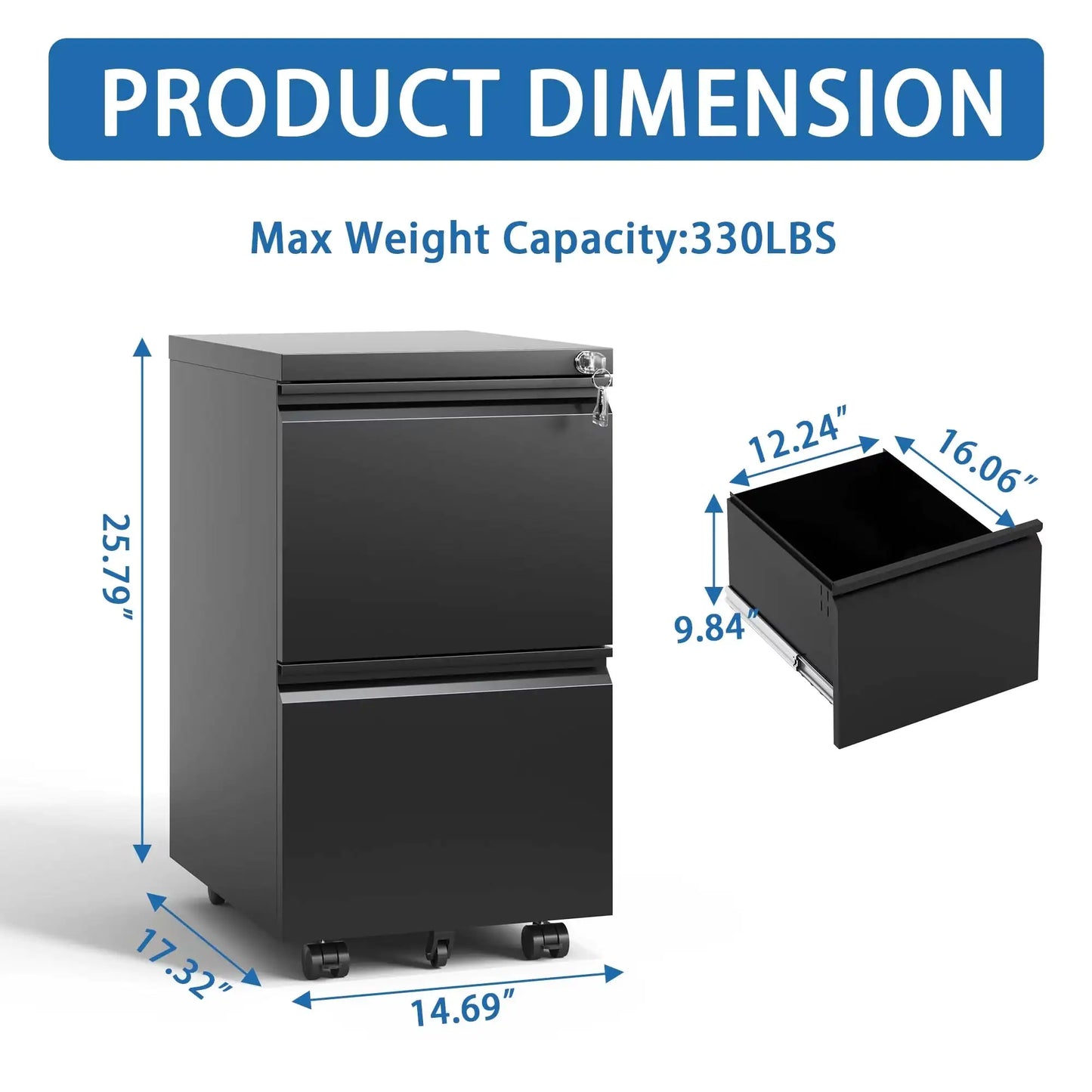 2 Drawer Metal Mobile Filing Cabinet, Rolling Filing Cabinet With Lock