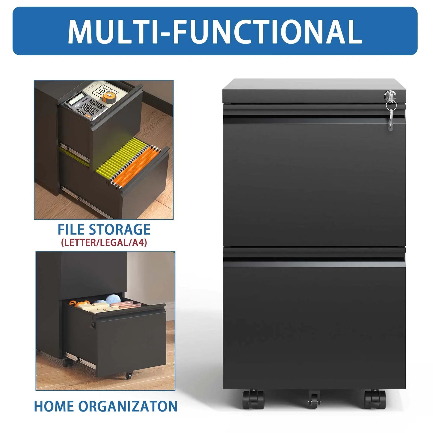 2 Drawer Metal Mobile Filing Cabinet, Rolling Filing Cabinet With Lock
