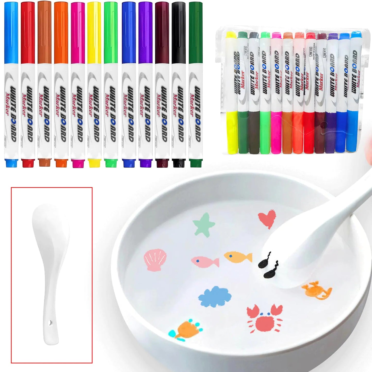 12pcs Magical Drawing Pen Water Art Pens With Spoon Magical Water Painting Water Marker Doodle Pens Floating Marker Pens Toys Gifts for 3-12 Year Old Boys Girls Toddlers New Years Gift