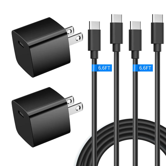 20W USB C Wall Charger Block for Android Google Pixel 9/8/8 Pro/7/7a/7 Pro/6 Pro Galaxy S24 iPhone 15 Pro Max [2 Pack] PD Type-C Port Compact Cube Fast Charging Power Mini Adapter + 2 PC 6FT Cable