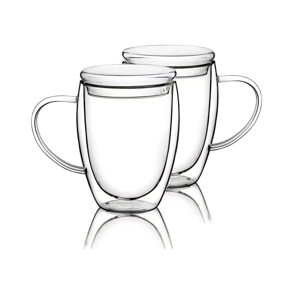 12 Oz Double Walled Glass Coffee Mugs 2 Packs Clear Coffee Mugs with Lids Insulated Coffee Cups with Handle Perfect for CappuccinoTeamilk EspressoLatte Hot Beverage Set of 2 (Glass lid 12oz)