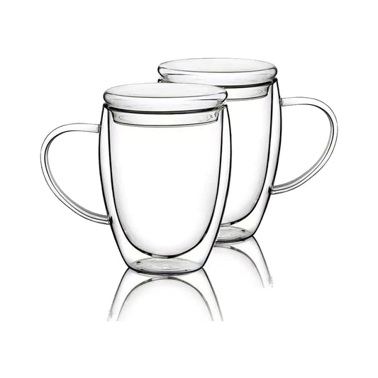 12 Oz Double Walled Glass Coffee Mugs 2 Packs Clear Coffee Mugs with Lids Insulated Coffee Cups with Handle Perfect for CappuccinoTeamilk EspressoLatte Hot Beverage Set of 2 (Glass lid 12oz)